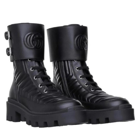 Gucci Women's Quilted-Logo Leather Combat Boots - Nero - Size 5